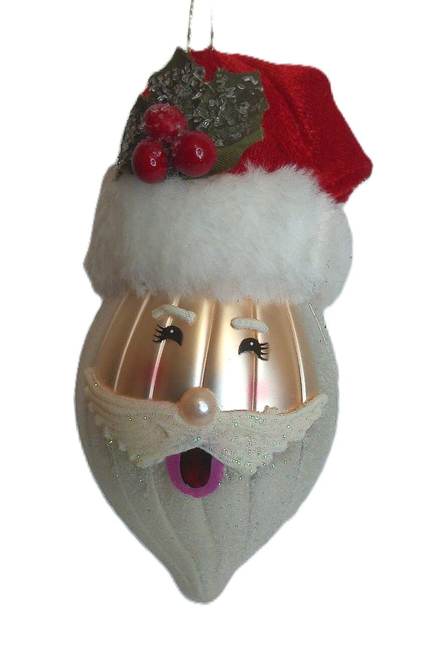 Vintage Santa Claus Glass Christmas Ornament with Red Hat & Glitter Beard